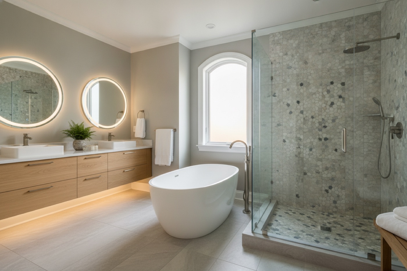 Spa-like luxury bathroom with freestanding soaking tub and minimal gray tiling