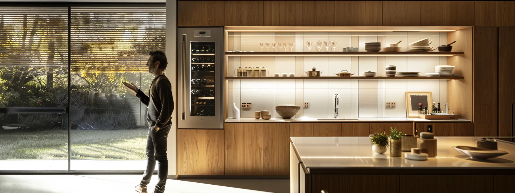 a bright, modern kitchen with sleek wood cabinetry and a spacious pantry, showcasing the results of a successful remodel while someone shares their experience with a satisfied smile.