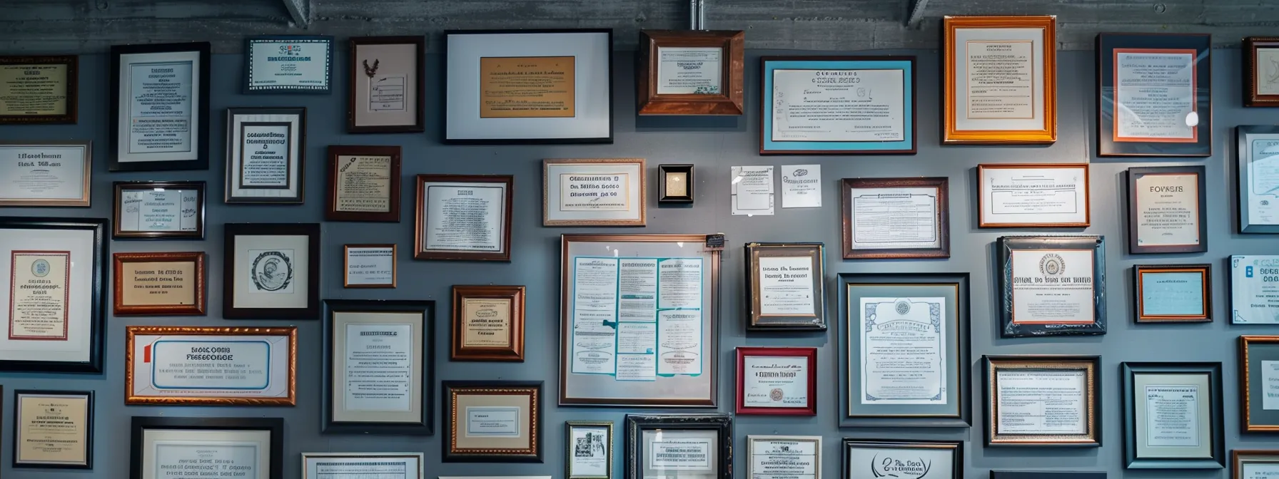 a close-up shot of a wall covered in framed licenses, insurance certificates, and professional credentials to demonstrate a reputable kitchen renovation company's qualifications.