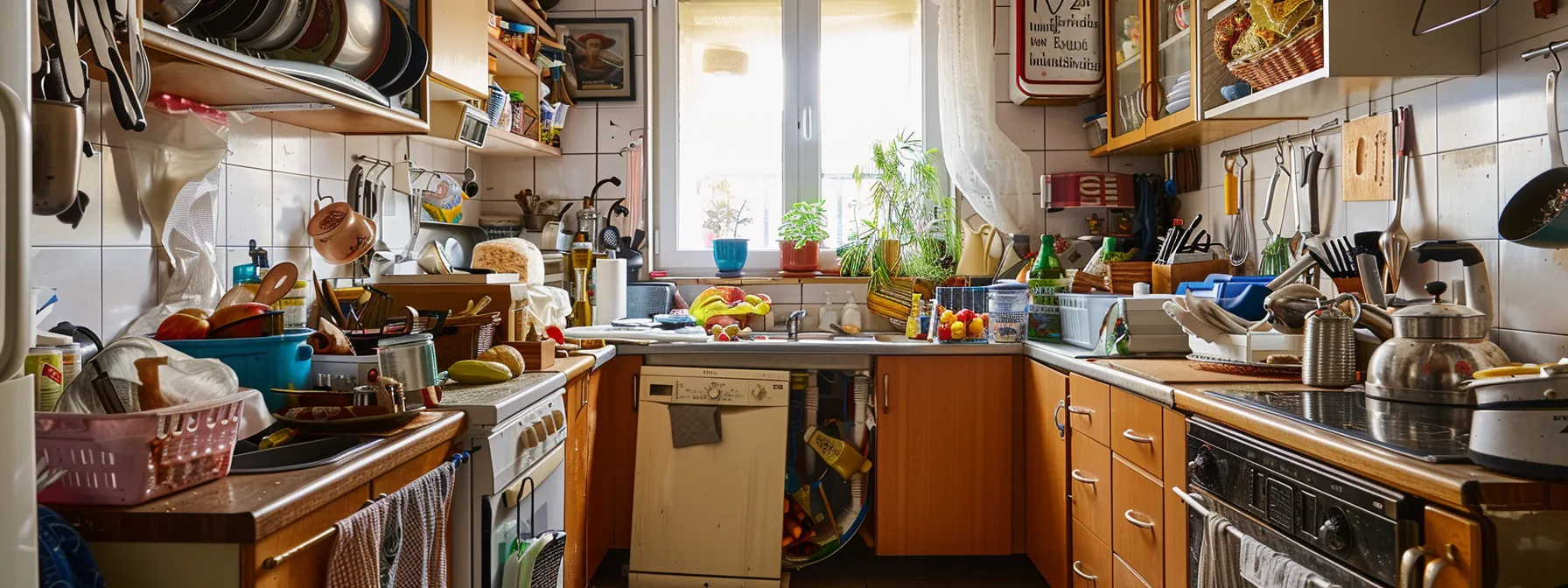 a cluttered kitchen filled with outdated appliances and fixtures, emphasizing the need for cost-saving renovations.