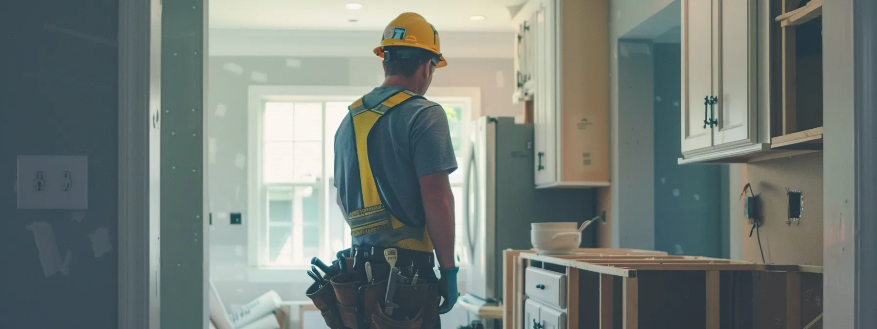 a focused contractor carefully measuring and inspecting a kitchen remodel project with precision and reliability.