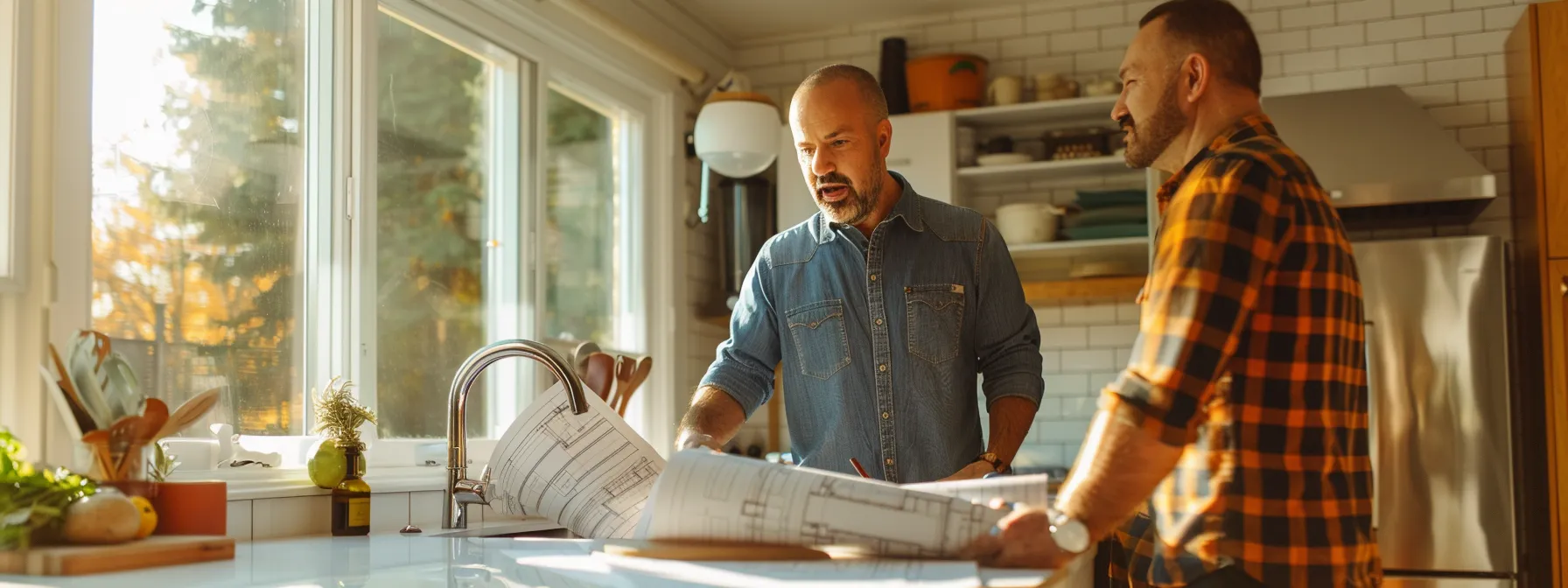 a homeowner and contractor discussing plans over blueprints in a bright, airy kitchen space.