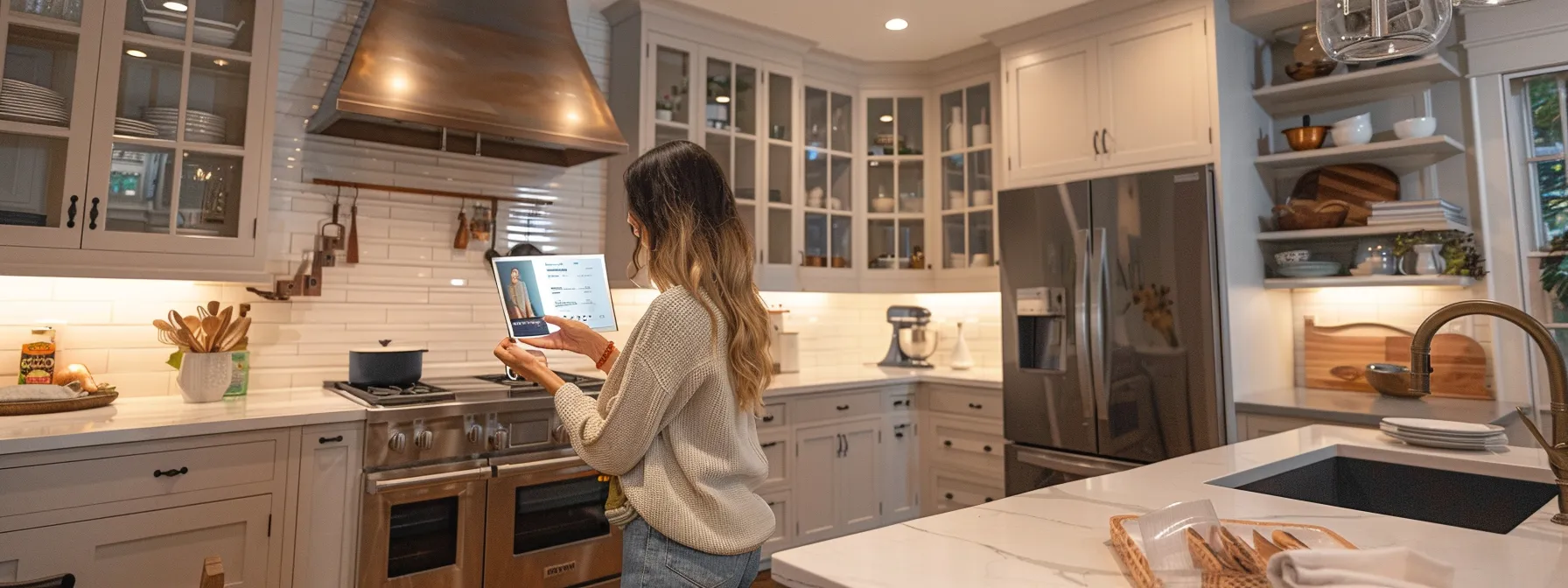 a homeowner carefully analyzing a collage of kitchen renovation before-and-after photos with detailed descriptions and glowing customer feedback displayed prominently in a cozy, well-lit kitchen.