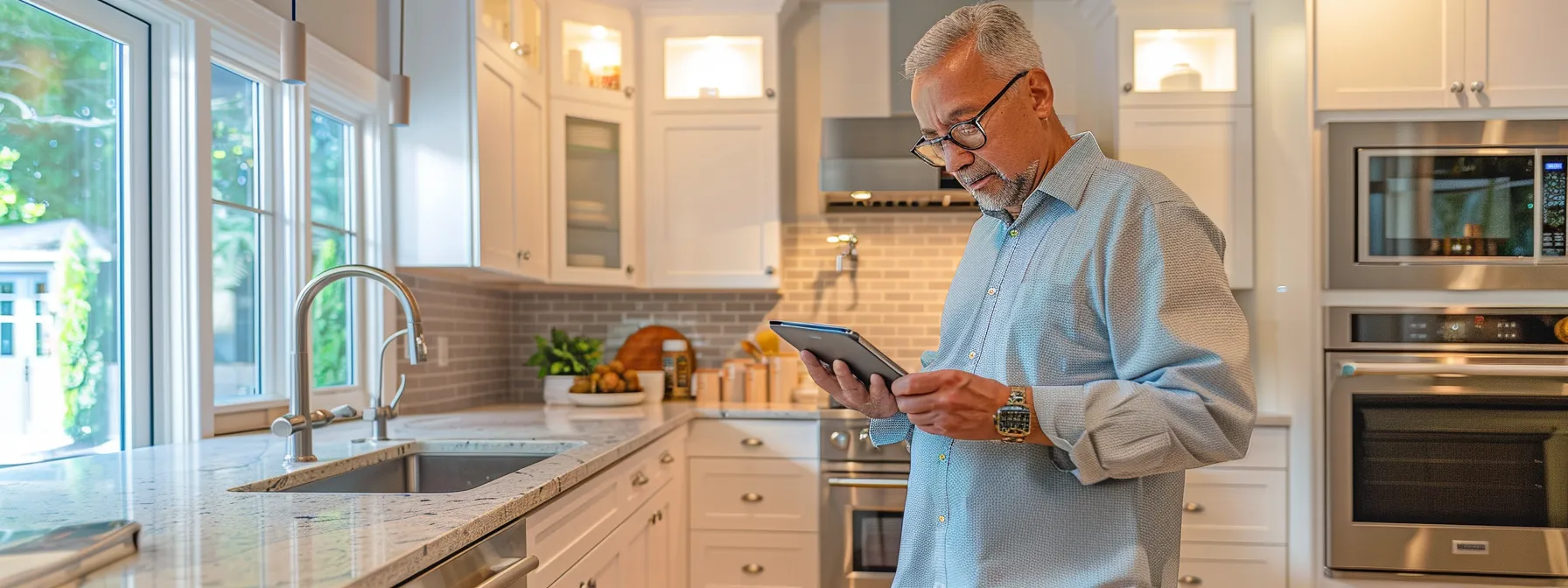 a homeowner carefully examining a portfolio of beautifully completed kitchen renovation projects displayed by a local contractor.