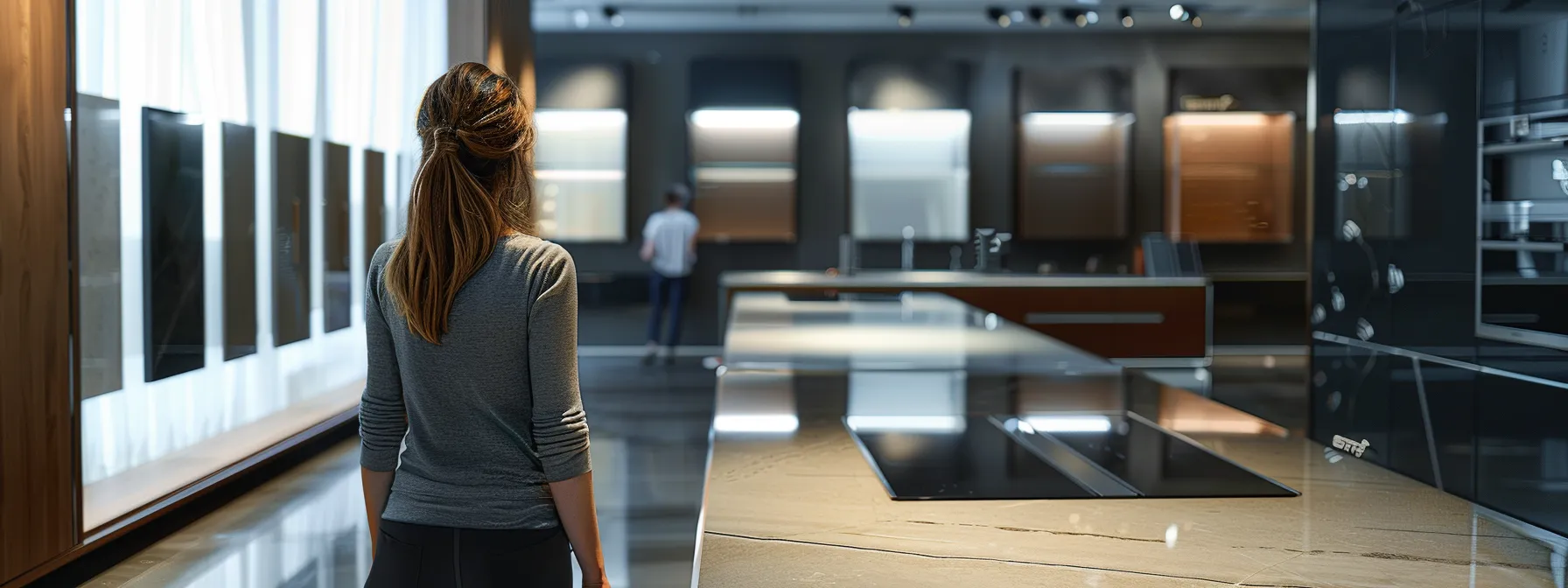 a homeowner carefully examining a variety of sleek, glossy kitchen countertop samples displayed in a modern showroom.