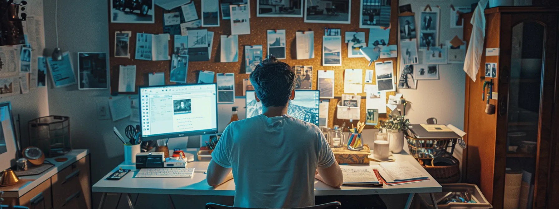 a homeowner carefully scrutinizing online reviews of local kitchen remodelers on a laptop, surrounded by pictures of completed projects pinned to a corkboard.