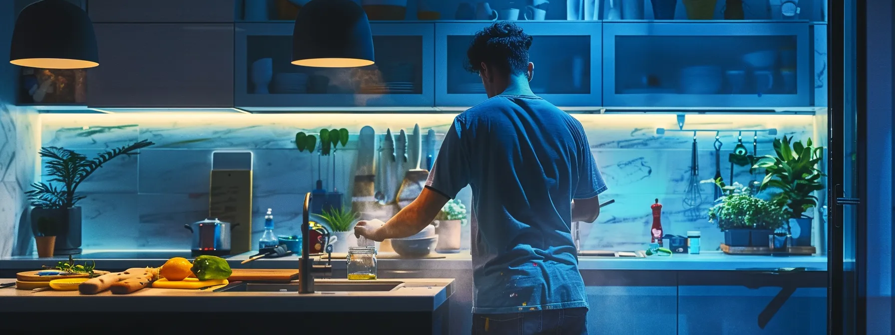 a homeowner confidently painting the kitchen cabinets with precision and focus, surrounded by neatly organized tools and supplies.