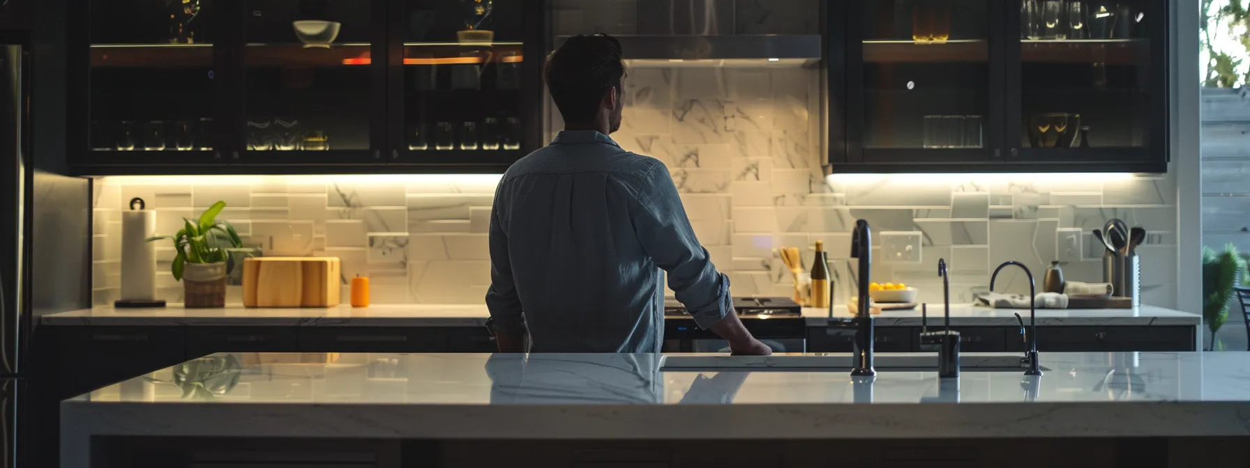 a homeowner inspecting a sleek quartz countertop installed by a kitchen remodeler, with a backdrop of freshly painted drywall and modern cabinetry, showcasing quality craftsmanship and attention to detail.