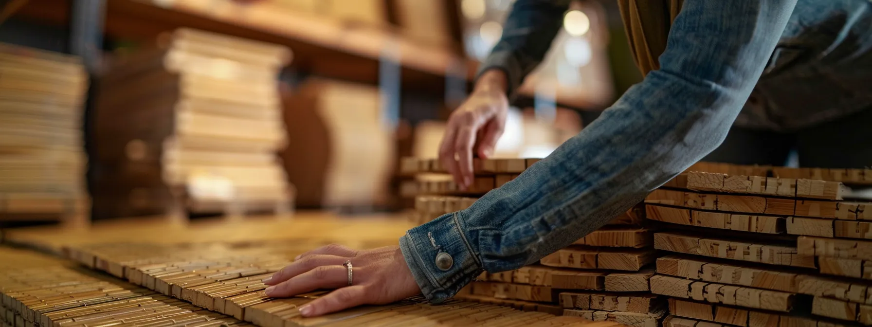 a homeowner inspecting a stack of bamboo flooring with eco-friendly certification labels, speaking with a local supplier in a sustainable materials showroom.