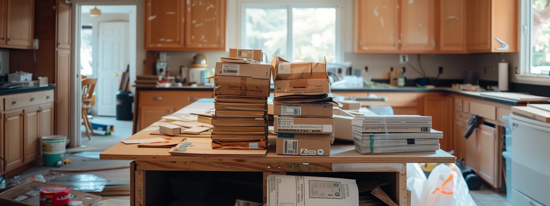 a homeowner meticulously organizing stacks of building permits and construction materials on a cleared kitchen countertop in preparation for a renovation project.