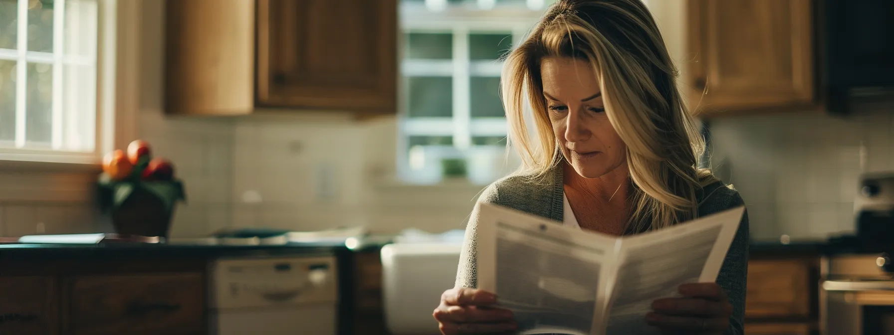 a homeowner reading through a stack of positive customer reviews about a local kitchen remodeler, with a look of satisfaction and confidence on their face.