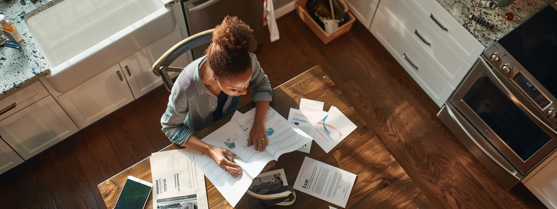 a homeowner sitting at a kitchen table surrounded by multiple detailed written estimates and renovation service brochures, carefully comparing quotes and services offered by different local companies.