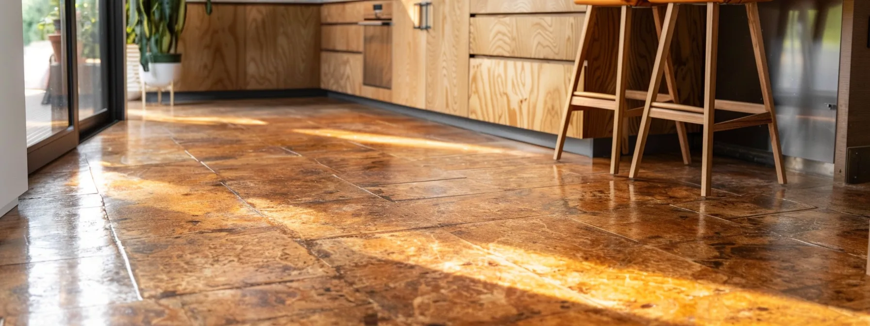 a kitchen floor showcasing a blend of warm cork, rustic reclaimed hardwood, vibrant linoleum, and sleek recycled tile options, each embodying eco-friendly qualities for a sustainable remodel.