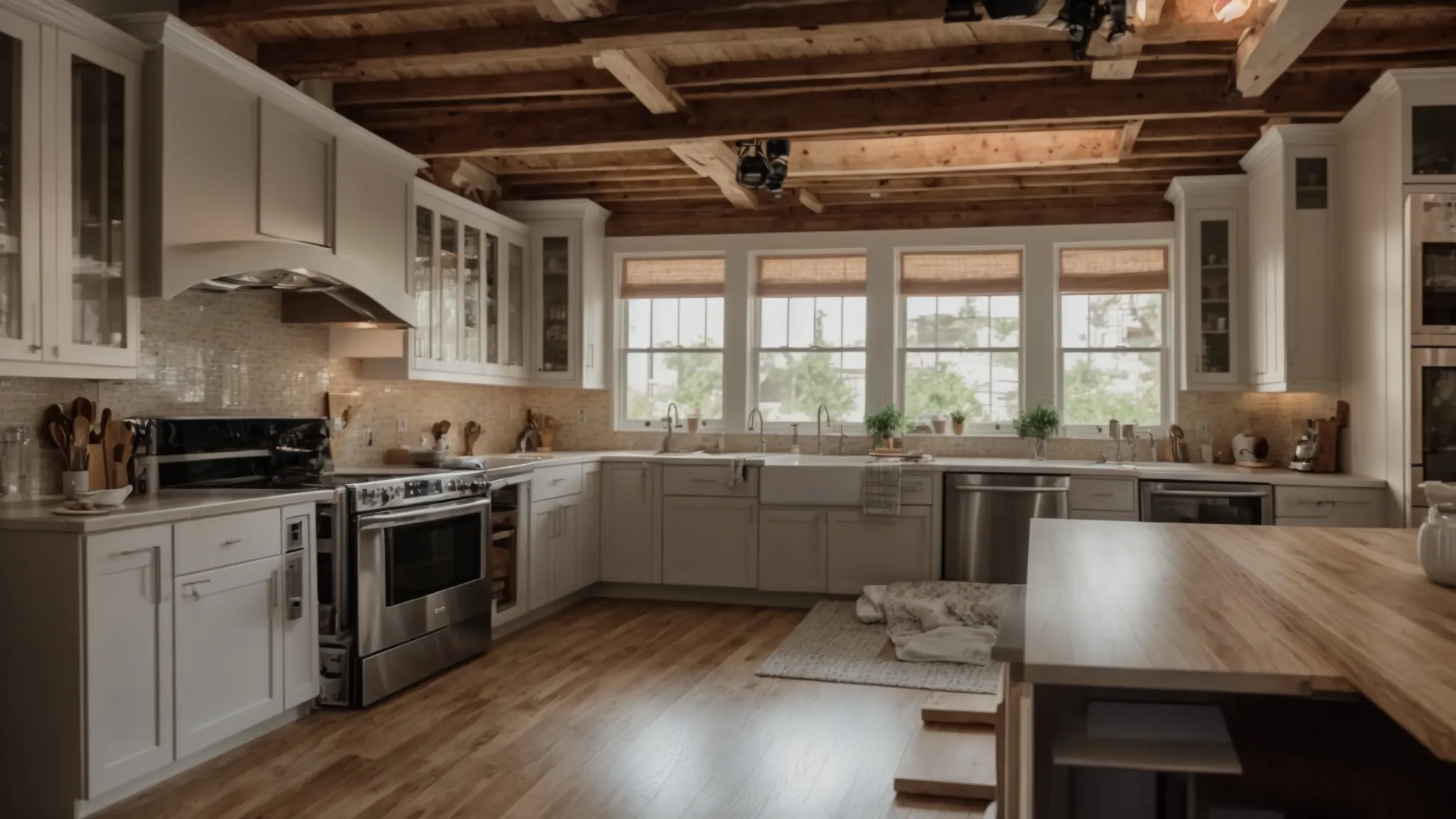 a kitchen stripped down to bare bones, with exposed framing and newly installed electrical and plumbing systems, ready for the next steps of renovation.