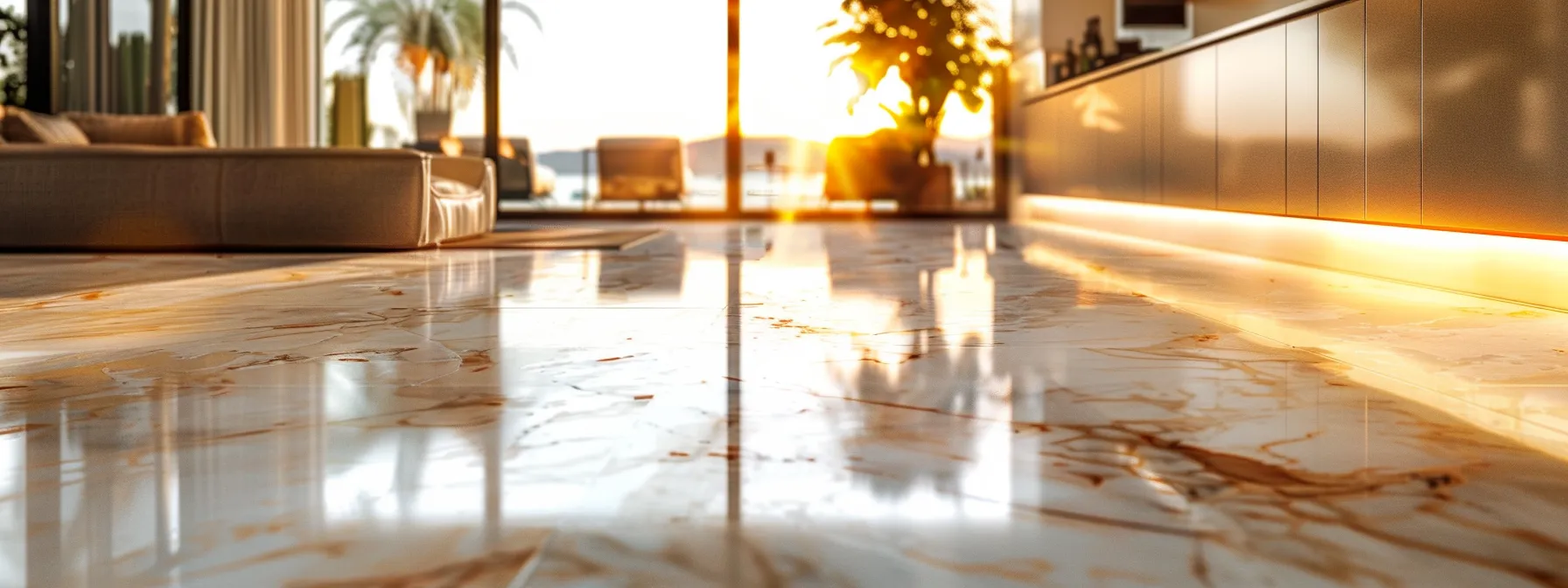 a luxurious marble kitchen floor shining under the warm glow of elegant pendant lights, seamlessly blending with the modern, sleek design of the space.