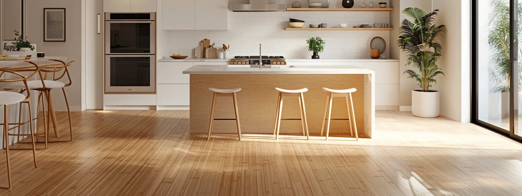 a modern kitchen featuring sleek bamboo flooring and chic cork accents, embodying innovative and sustainable design choices.