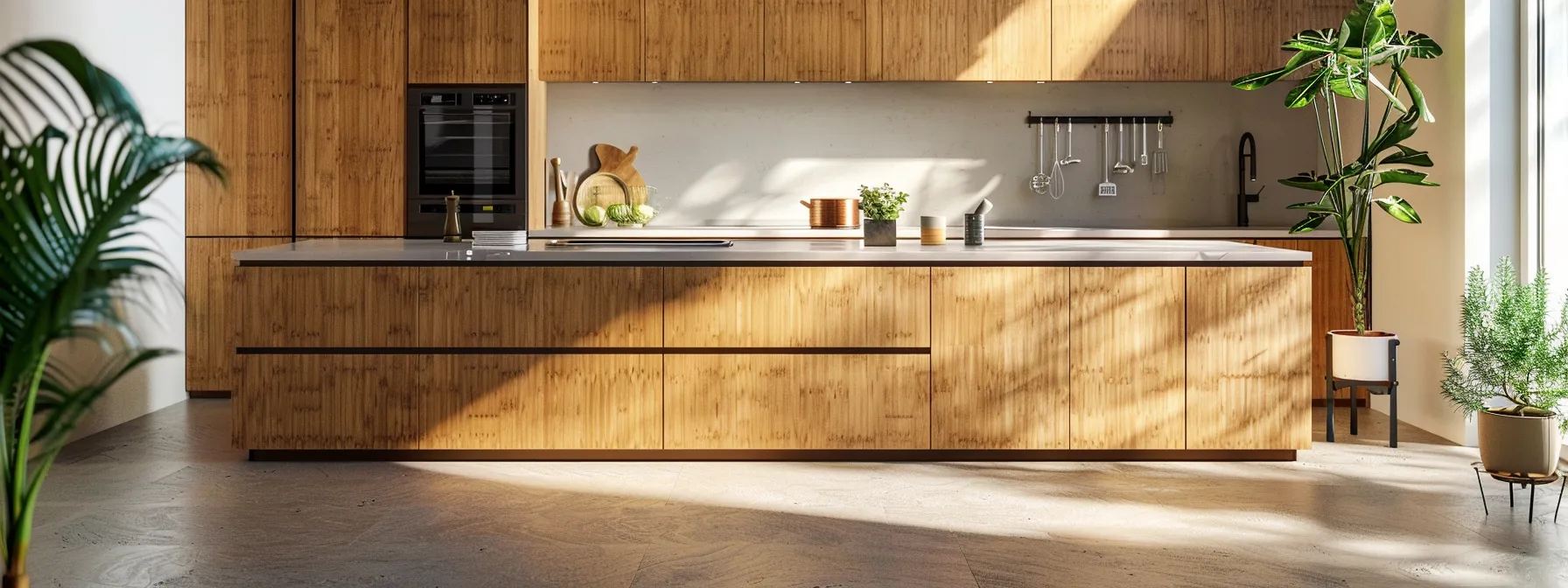 a modern kitchen with sleek bamboo cabinets, recycled metal hardware, and eco-friendly low-voc finishes, promoting sustainability in home design.