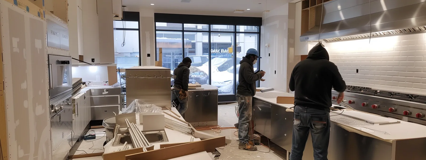 a modern kitchen with sleek countertops and stainless steel appliances being installed by a professional renovation team in a well-lit room.