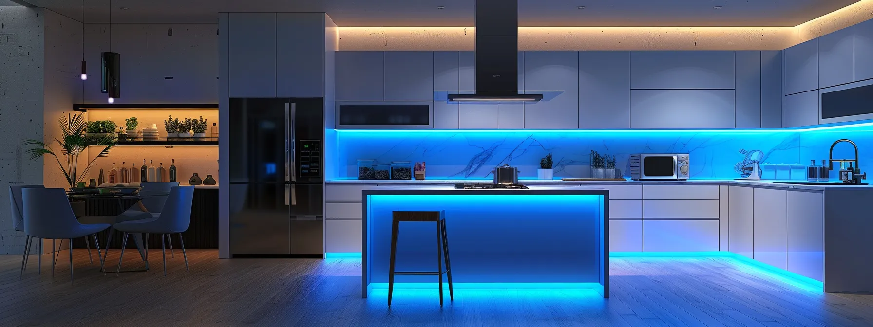 a modern kitchen with sleek energy star-rated appliances, led lighting fixtures, water-saving faucets, and smart technology for energy management creating a sustainable and efficient environment.