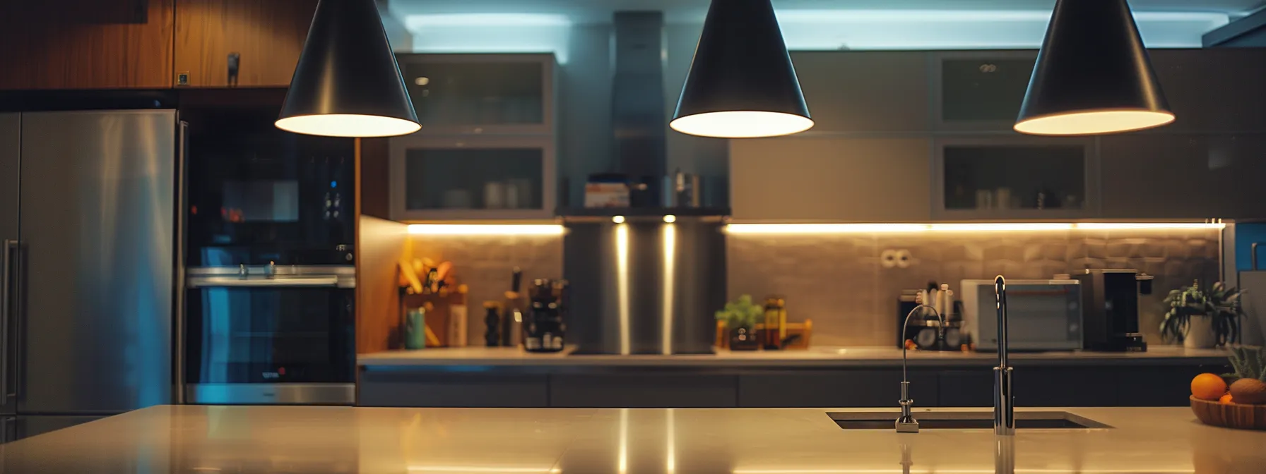 a modern kitchen with sleek stainless steel appliances, granite countertops, and pendant lighting shining above.