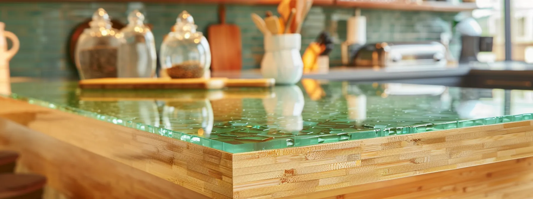 a modern kitchen with sleek, sustainable bamboo countertops and recycled glass light fixtures, showcasing the beauty and practicality of eco-friendly materials in remodeling.