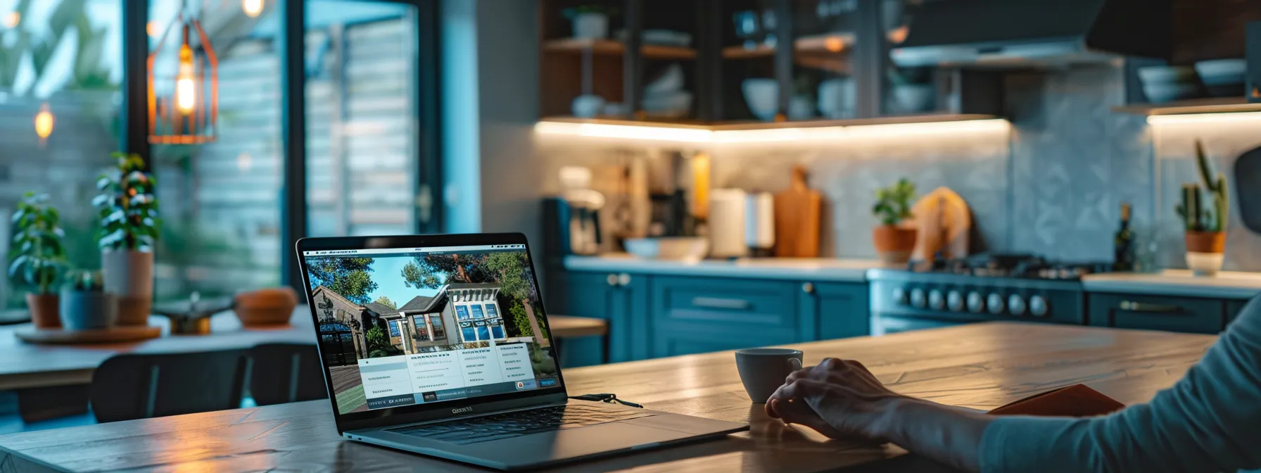 a person carefully comparing reviews of kitchen remodeling contractors on a laptop screen, surrounded by images of beautifully renovated kitchens for inspiration.