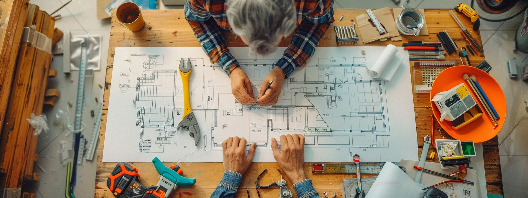 a person carefully reviewing a detailed project schedule and budget plan laid out on a table, surrounded by renovation tools and materials.