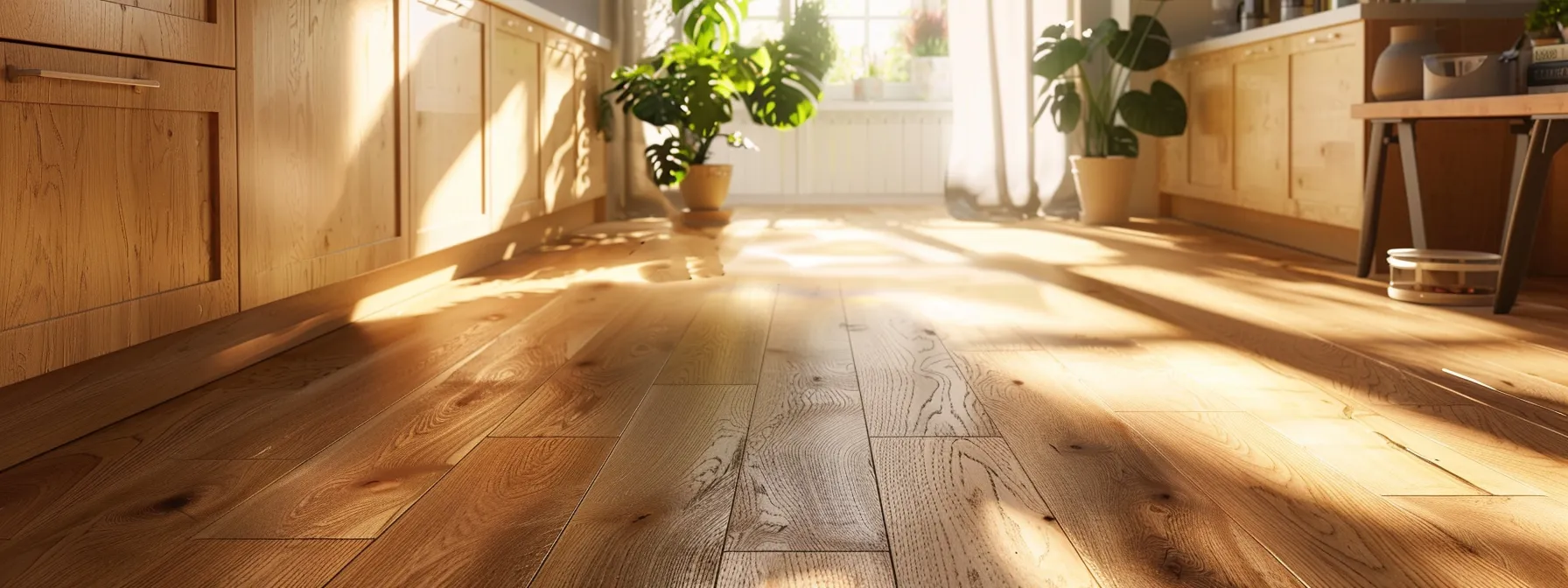 a pristine oak kitchen floor gleams under the warm sunlight, showcasing its durability and elegant charm.