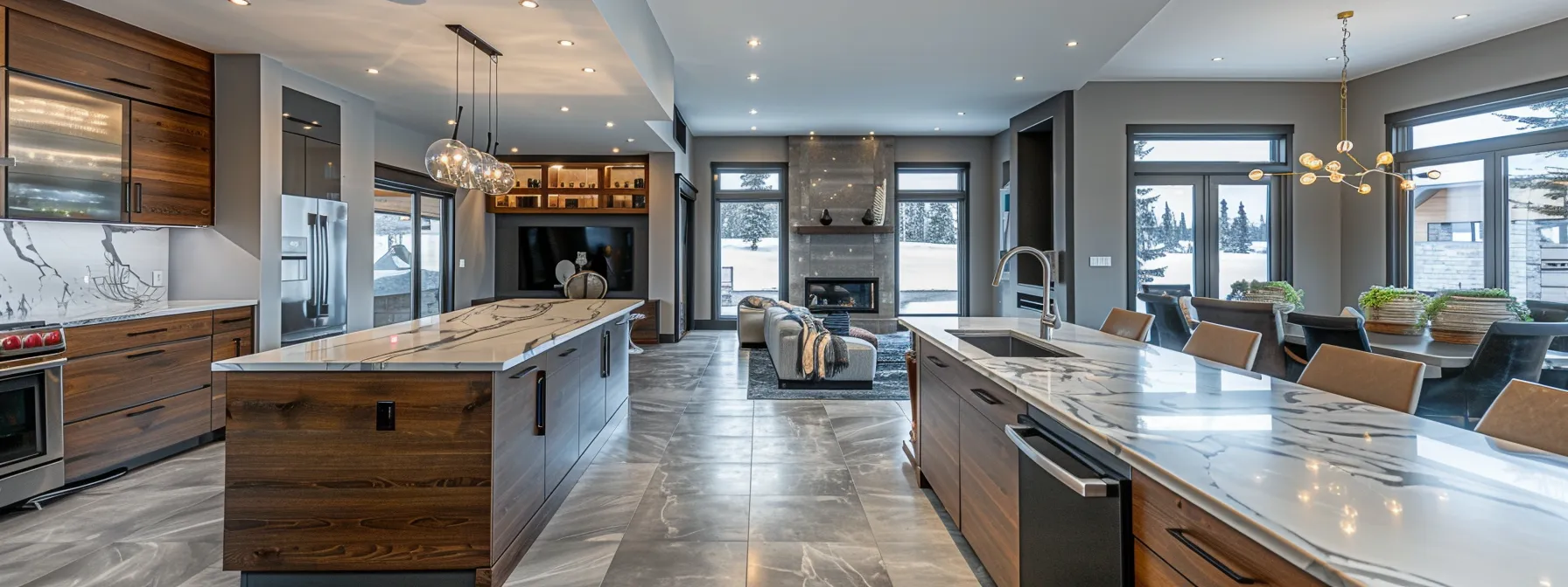 a sleek kitchen with stunning marble flooring, glossy porcelain tiles, rich engineered hardwood, and modern concrete floors showcasing a variety of durable flooring materials for a remodel.