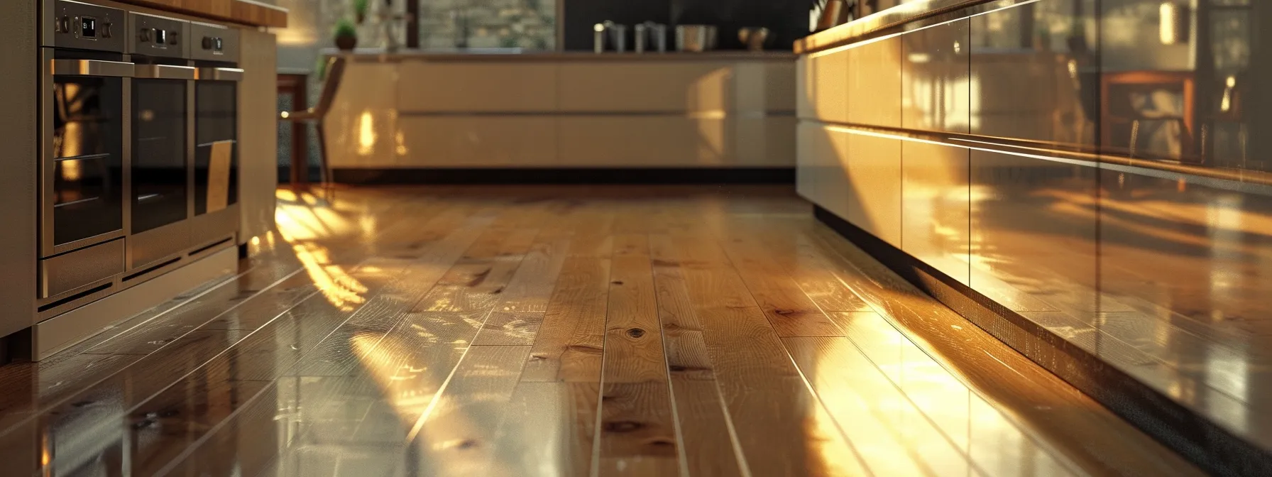 a sleek, modern kitchen featuring a shiny, durable hardwood floor surrounded by stainless steel appliances and granite countertops.