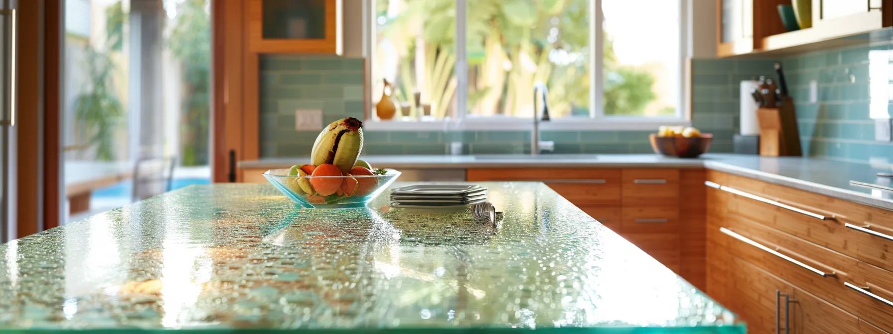 a sleek, modern kitchen featuring a vibrant recycled glass countertop, elegant bamboo accents, and durable natural stone elements, showcasing various sustainable options for homeowners.