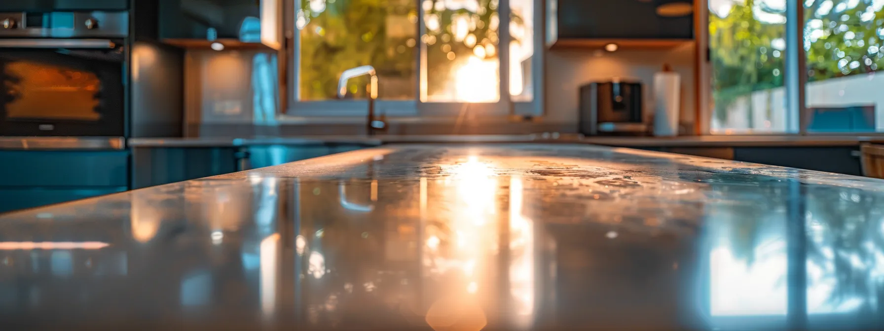 a sleek, modern marble countertop blending seamlessly with stainless steel appliances in a minimalist kitchen design.