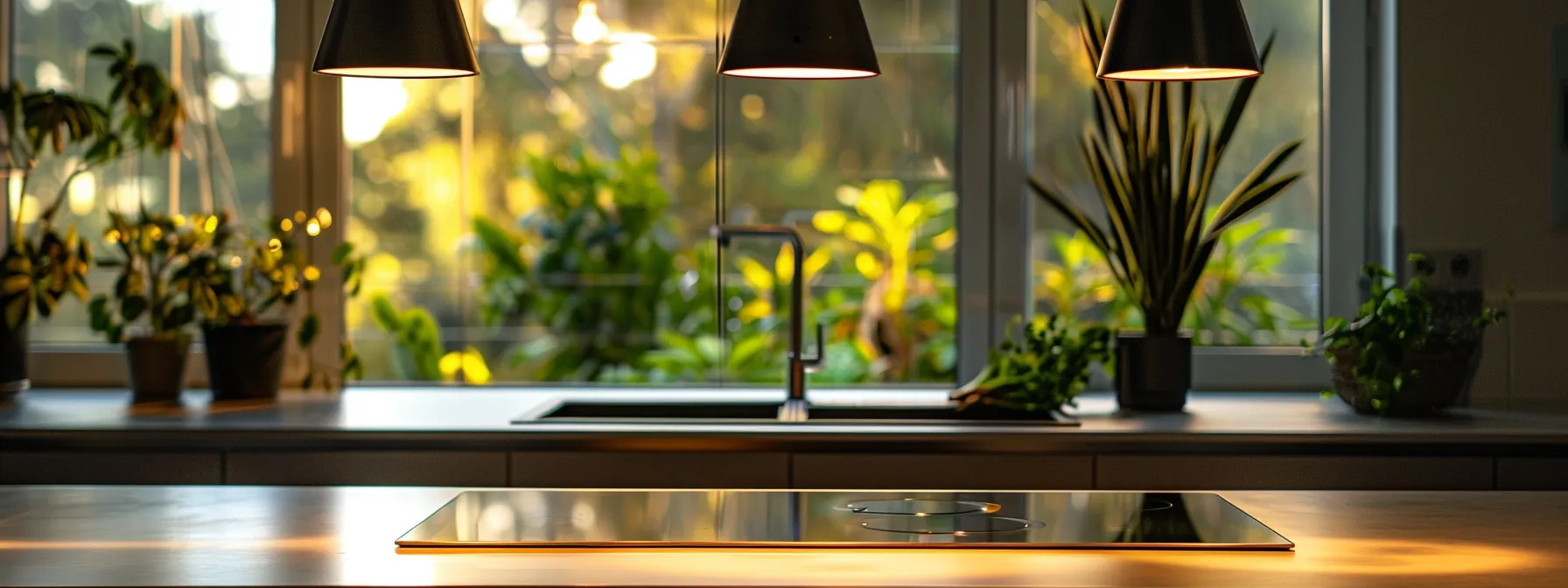 a sleek stainless steel cooktop shining under modern pendant lighting in a newly remodeled kitchen.