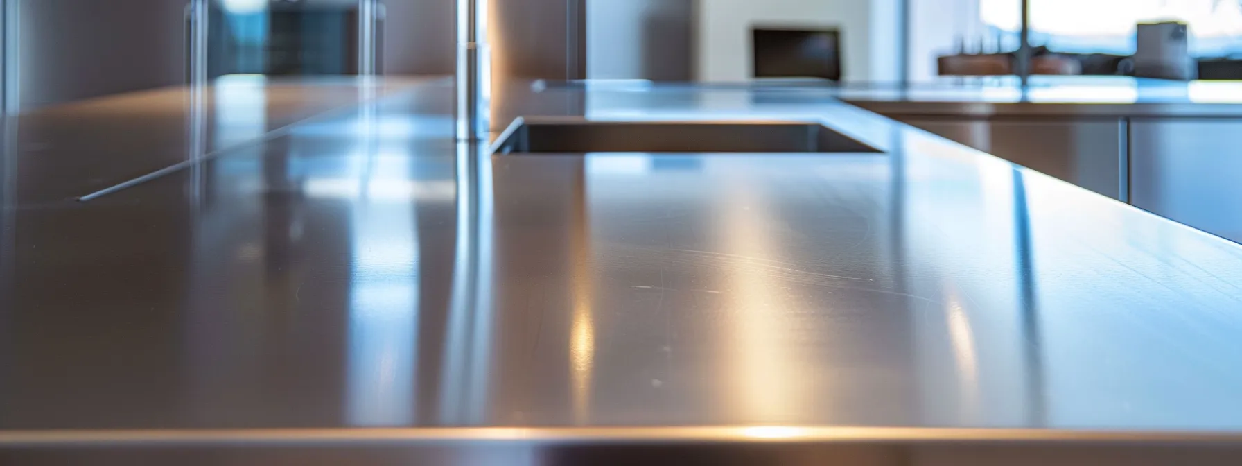 a sleek stainless steel countertop gleams in a modern kitchen, exuding a contemporary and stylish appeal.