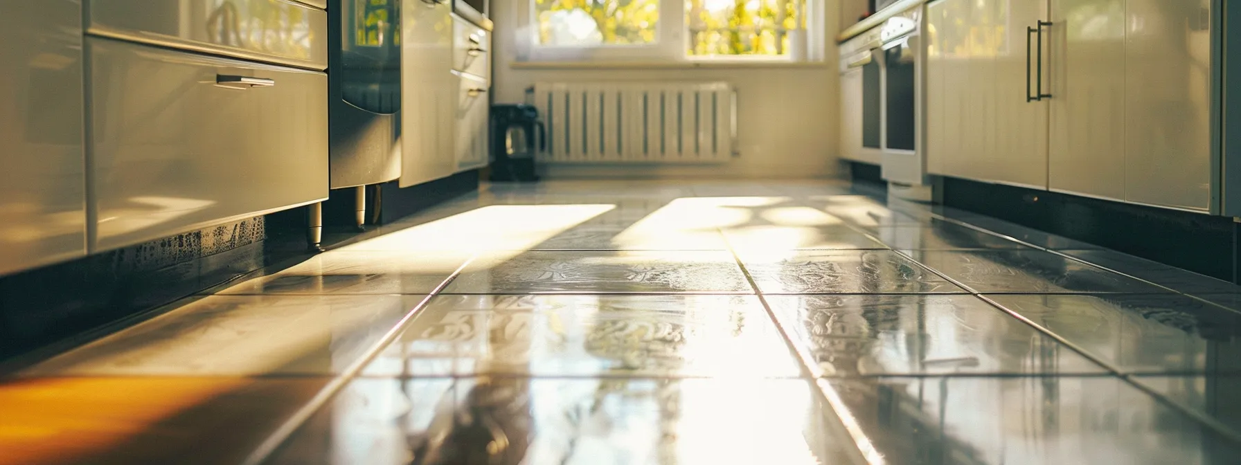 a sparkling clean and well-maintained kitchen floor shines under the bright sunlight, showcasing the importance of daily cleaning practices in preserving its beauty and durability.