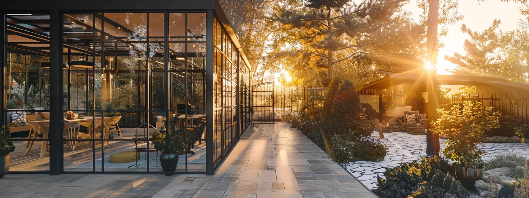 a beautifully designed modern home addition, featuring expansive glass walls that seamlessly blend indoor and outdoor spaces, bathed in warm golden hour light.