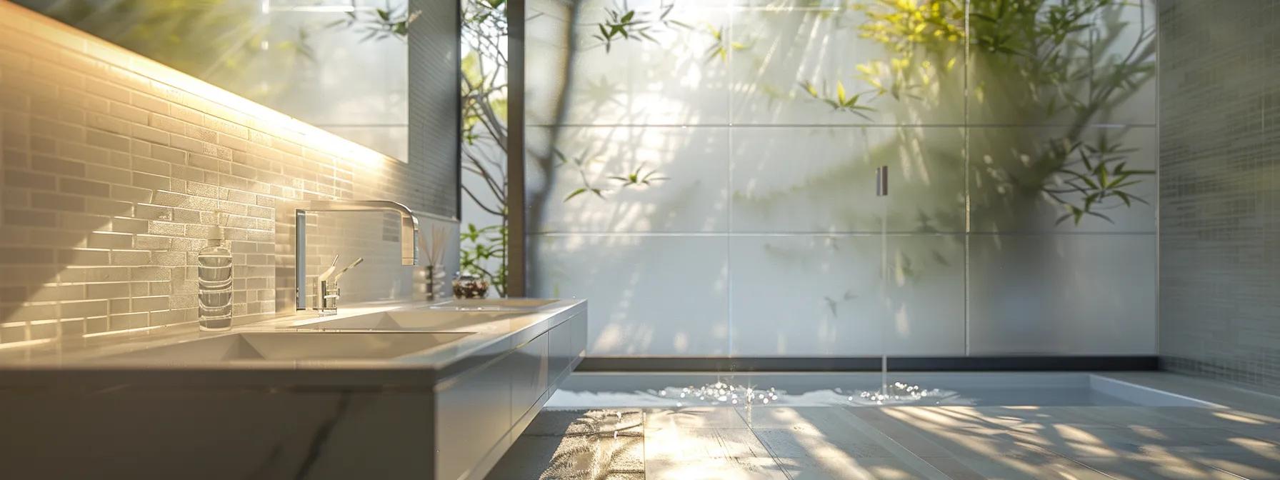 a beautifully renovated bathroom showcasing elegant fixtures and modern tiles, illuminated by soft natural light pouring through a frosted window, emphasizing the luxurious and serene atmosphere of the space.