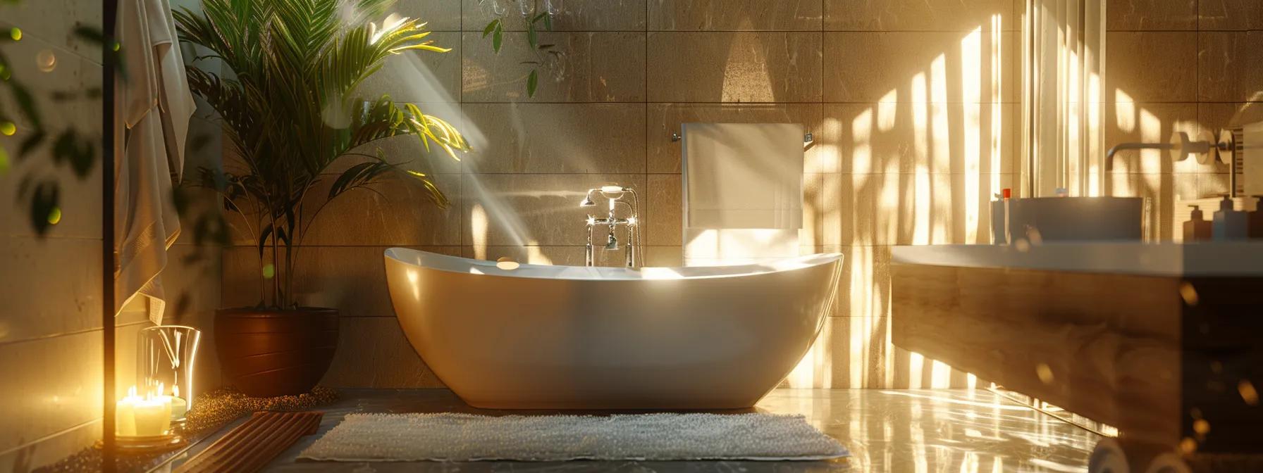 a beautifully renovated bathroom featuring elegant fixtures and soothing colors, illuminated by soft natural light streaming through frosted windows, inviting relaxation and tranquility.