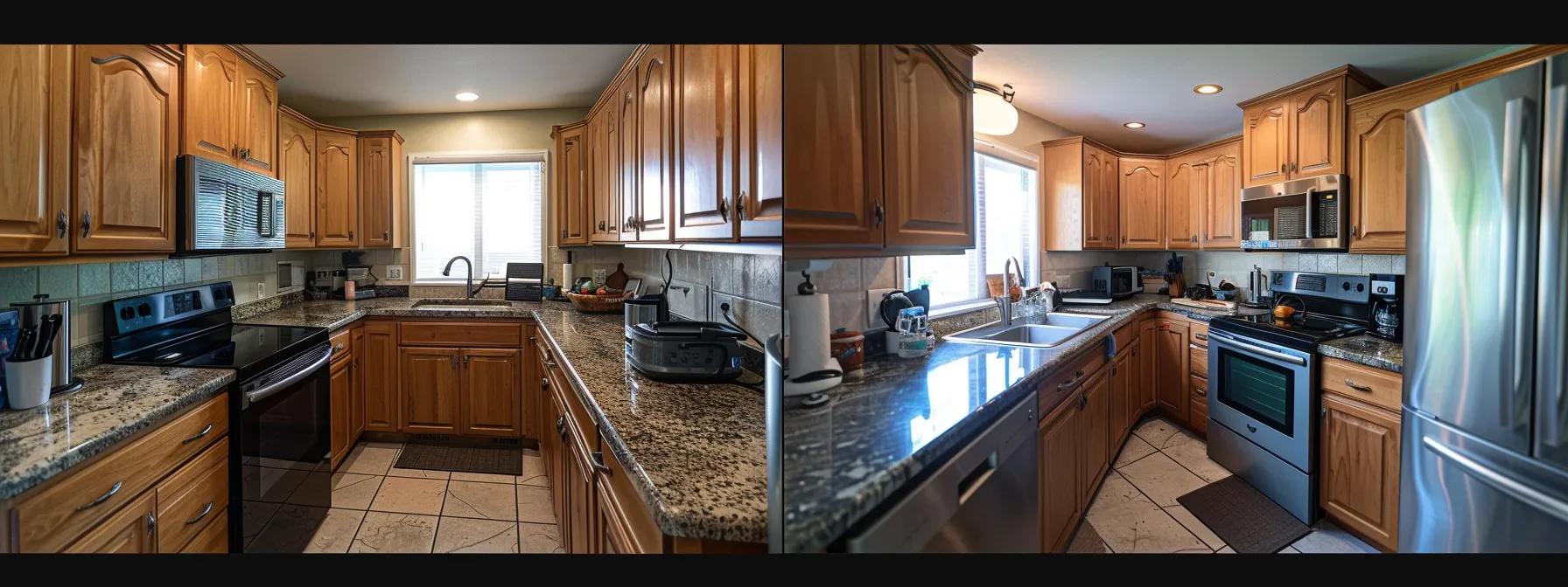 a bright and inviting kitchen transformation showcases a harmonious blend of modern aesthetics and economical design, featuring sleek cabinetry and vibrant accents that elevate the space.