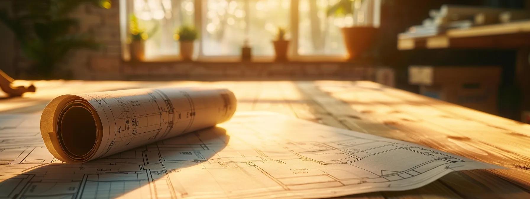 a detailed architectural blueprint unfurls on a wooden table, illuminated by warm sunlight streaming through a nearby window, symbolizing the intricate process of navigating building permits for home additions.