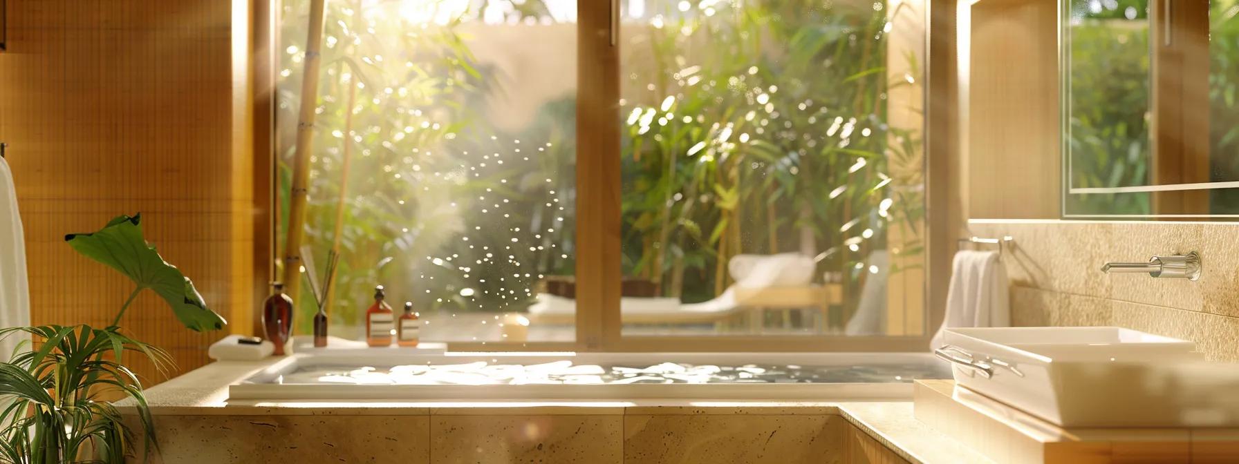 a serene eco-friendly bathroom showcases a harmonious blend of natural materials, featuring bamboo accents, recycled glass fixtures, and soothing earth tones illuminated by soft, natural light filtering through a large window.