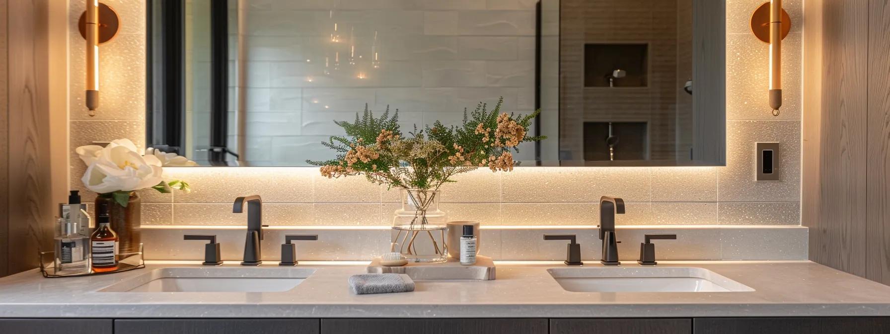 a sleek, contemporary bathroom vanity exudes sophistication with its polished surfaces, modern fixtures, and elegant lighting, creating a serene and stylish retreat.