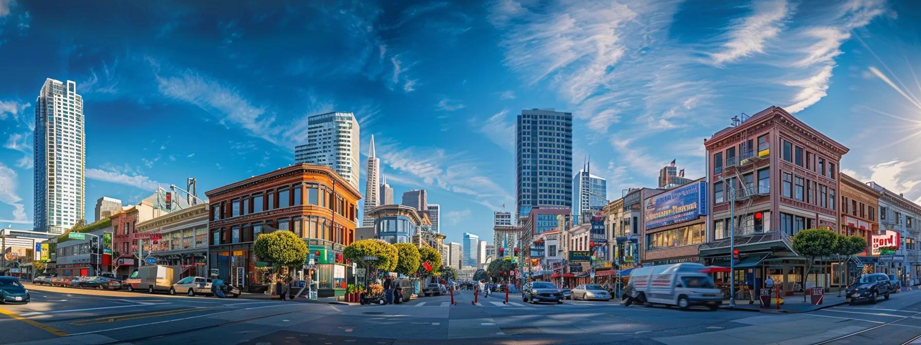 a vibrant, urban landscape showcases a bustling city block with clear zoning permit signs prominently displayed, highlighting the theme of city planning and development under a bright blue sky.