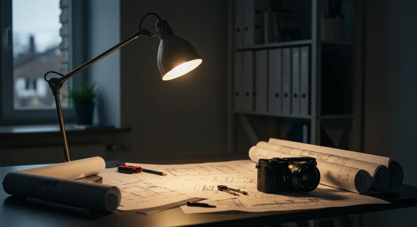 a focused interior shot of a modern home office, featuring a sleek desk cluttered with detailed blueprints, cost breakdown charts, and architectural tools, illuminated by warm task lighting that highlights the meticulous planning process for a home addition project.