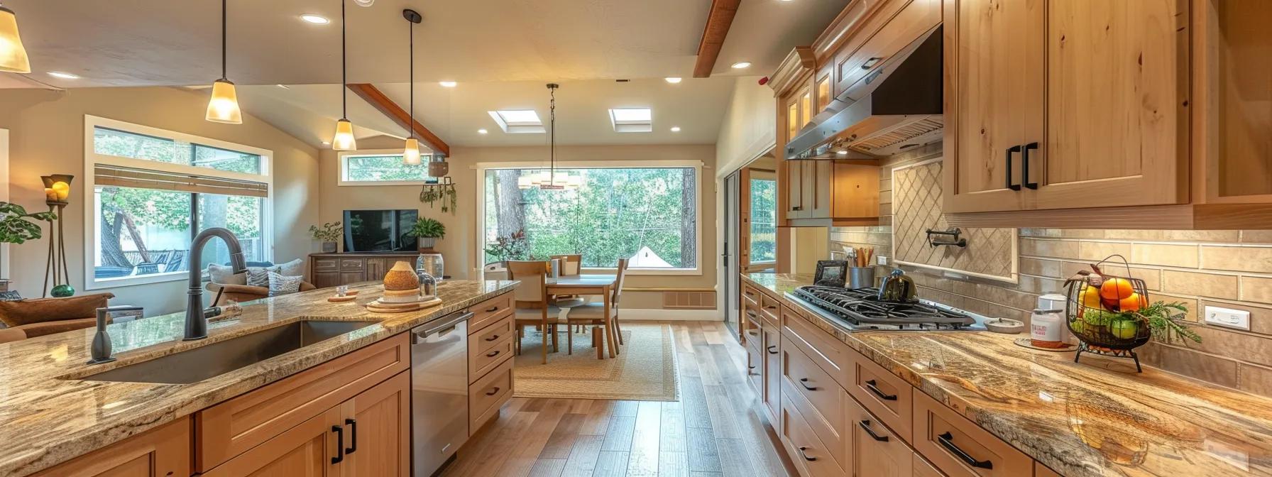 a beautifully designed eco-friendly kitchen showcases a harmonious blend of earthy tones and biophilic-inspired colors, featuring sustainable cabinetry and countertops made from natural wood and recycled glass, all under soft ambient lighting that enhances the inviting and modern atmosphere.