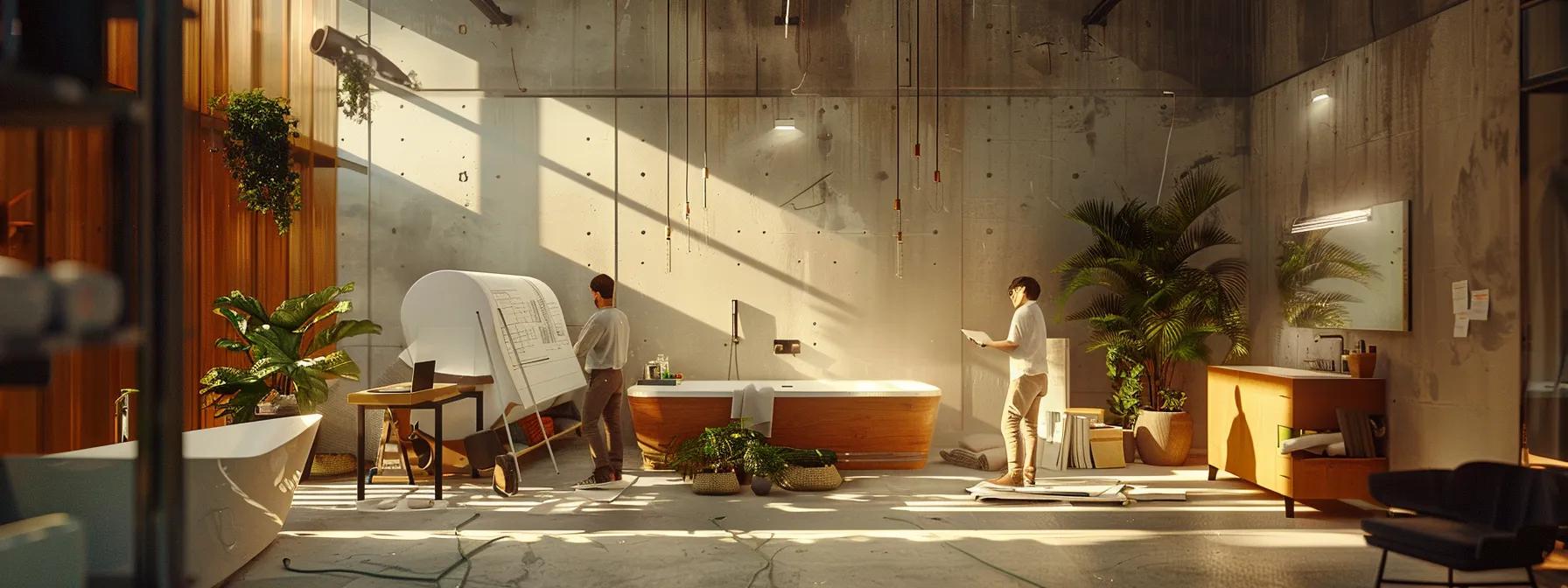 a bustling urban office space showcases a diverse group of professionals engaged in discussions and analyzing blueprints of a bathroom renovation project, emphasizing the complexity and collaboration required in managing labor expenses effectively.
