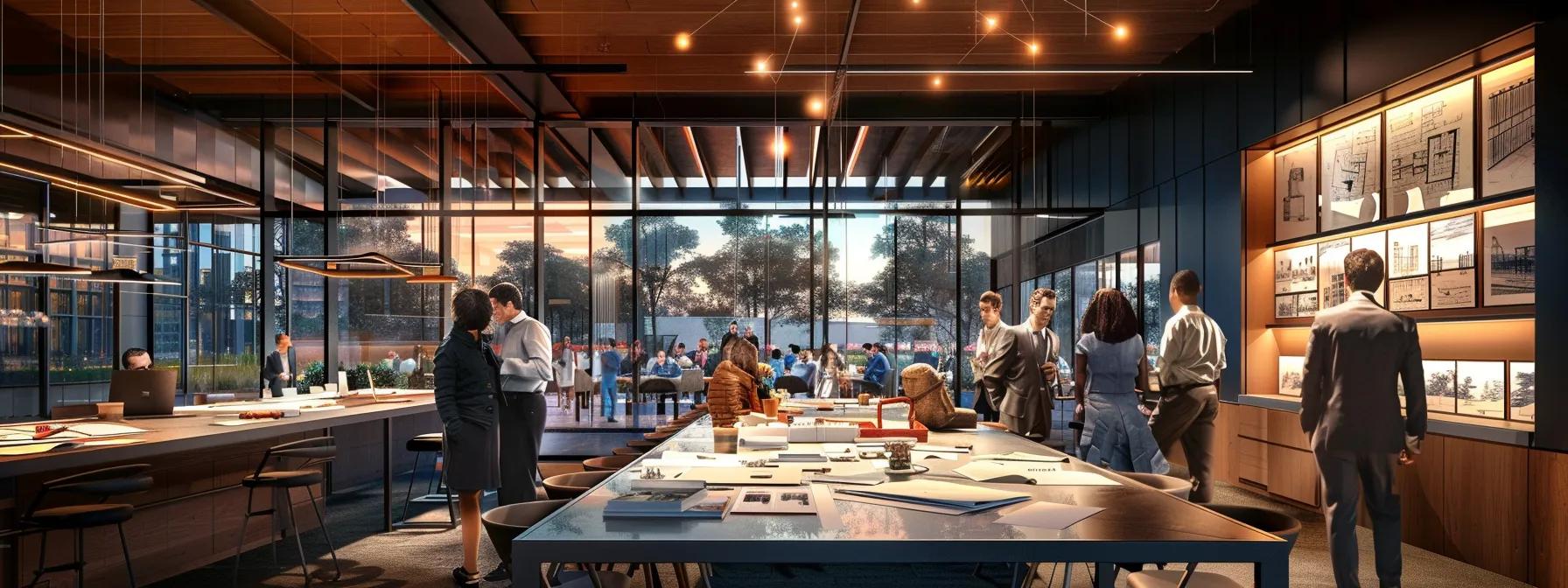 a contemporary office environment showcases a diverse group of professionals gathered around a sleek conference table, intensely discussing blueprints and cost projections for home extensions, illuminated by bright overhead lights and accented by modern design elements.