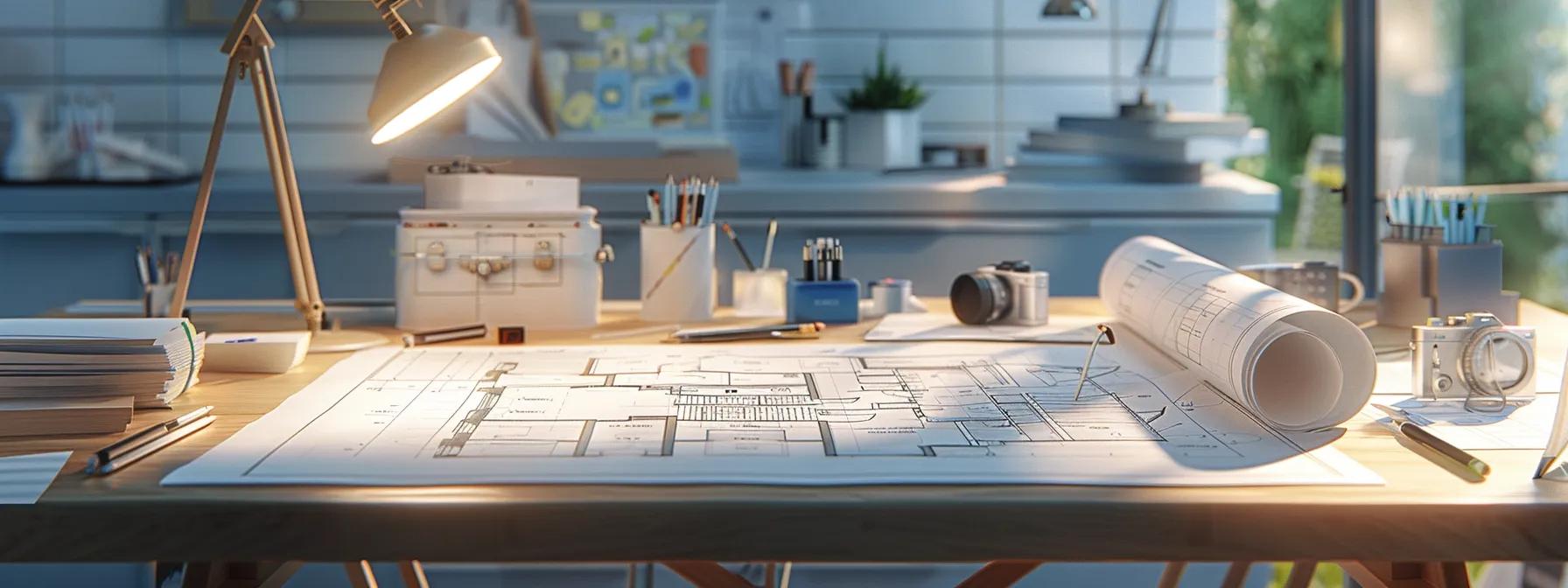a detailed architectural workspace showcases a blueprints board filled with meticulously crafted floor plans for various home additions, surrounded by design tools and a sleek drafting table bathed in bright, focused artificial light.