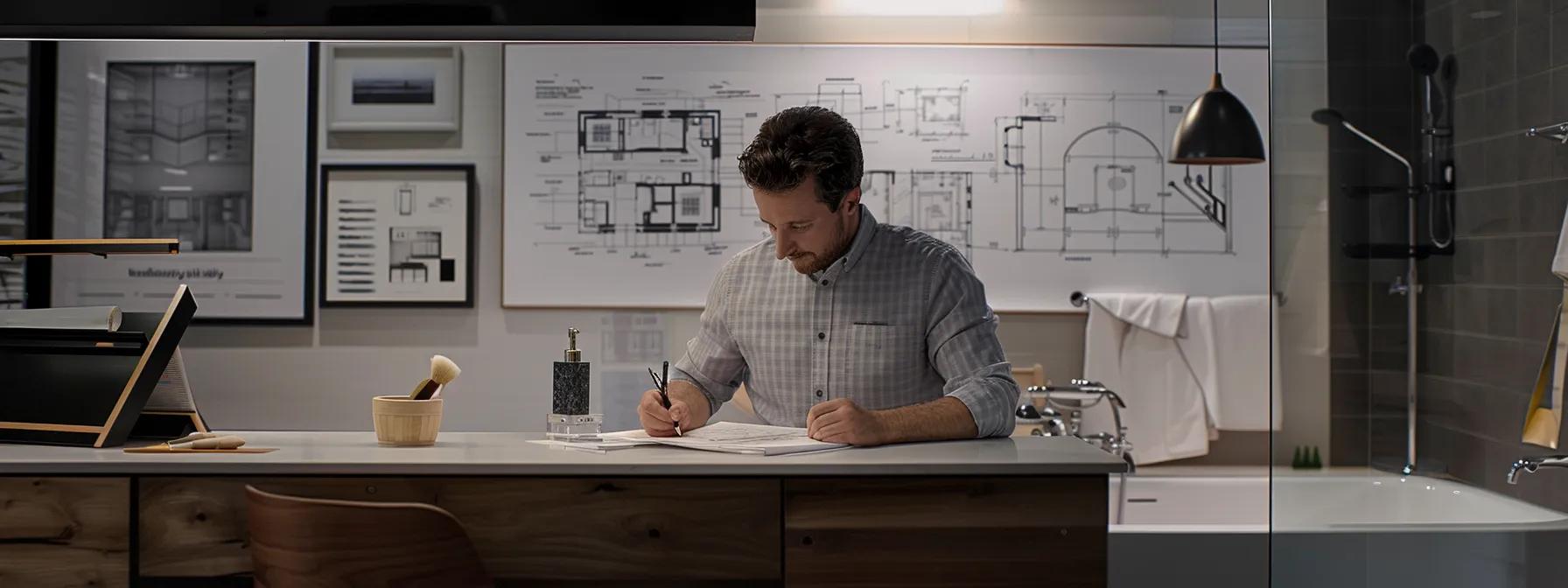 a dynamic office scene showcases a designer sketching detailed plans for a modern bathroom remodel, surrounded by samples of luxurious materials and architectural diagrams, emphasizing the intricate factors that influence labor costs.