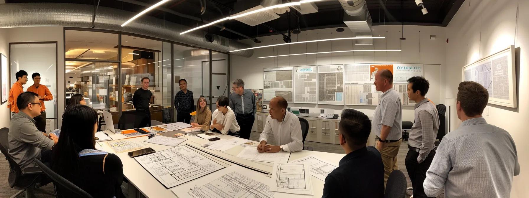 a dynamic urban office environment displays a diverse group of professionals engaged in a collaborative discussion over bathroom renovation plans, with blueprints and material samples laid out on a sleek conference table, illuminated by focused overhead lighting.